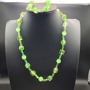 Unique Handmade Vibrant Green Art Glass Faceted Round Necklace and Bracelet Set